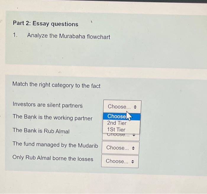 Part 2 Essay Questions 1 Analyze The Murabaha Flowchart Match The Right Category To The Fact Investors Are Silent Part 1