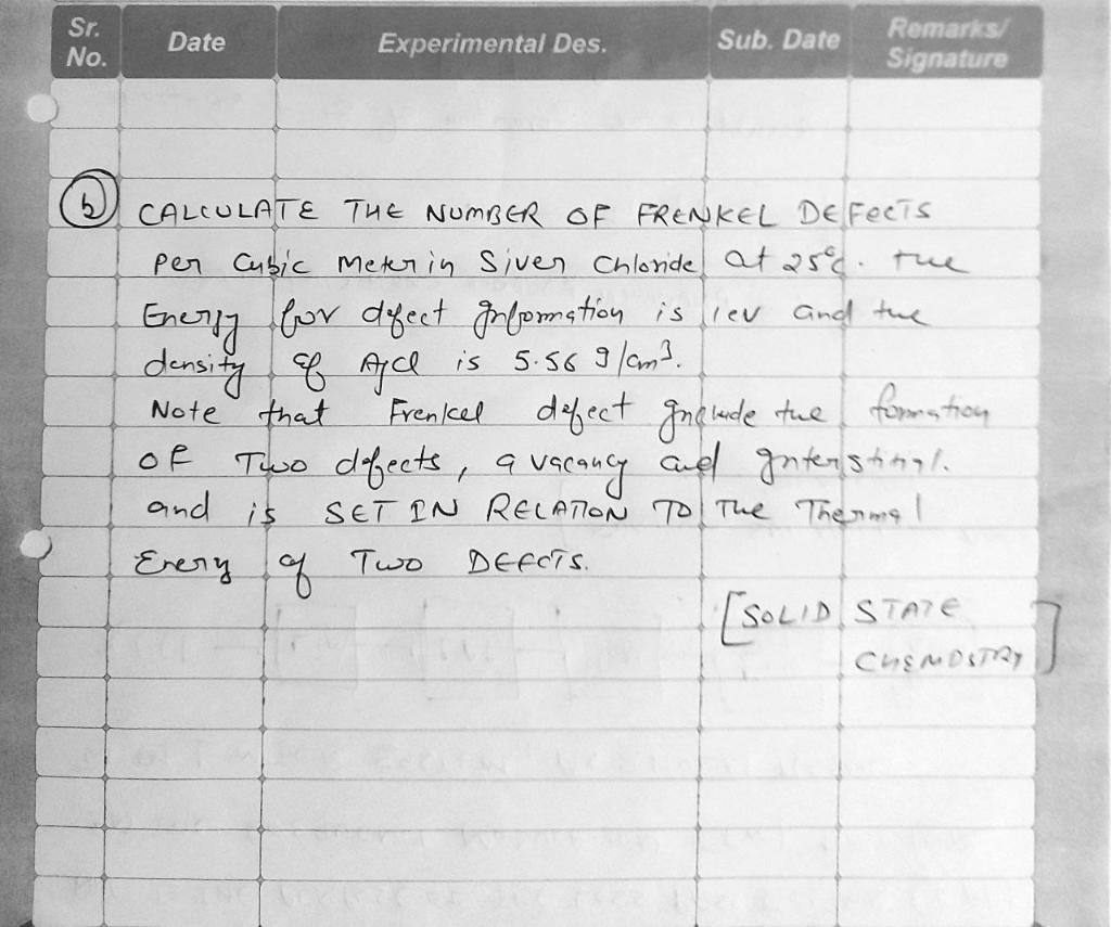 Sr Date Sub Date No Experimental Des Remarks Signature Is Note Calculate The Number Of Frenkel Defects Per Cubic Met 1