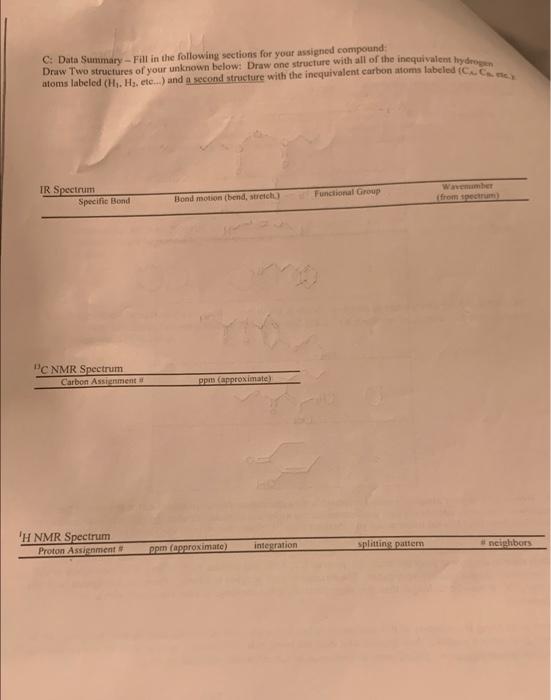 C Data Summary Fall In The Following Sections For Your Assigned Compound Druw Two Structures Of Your Unknown Below D 1