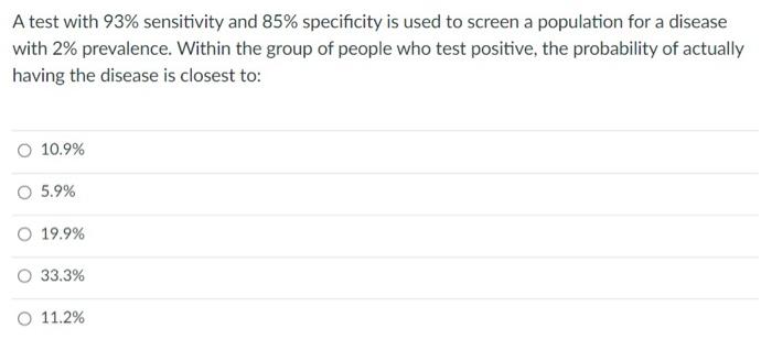 A Test With 93 Sensitivity And 85 Specificity Is Used To Screen A Population For A Disease With 2 Prevalence Within 1