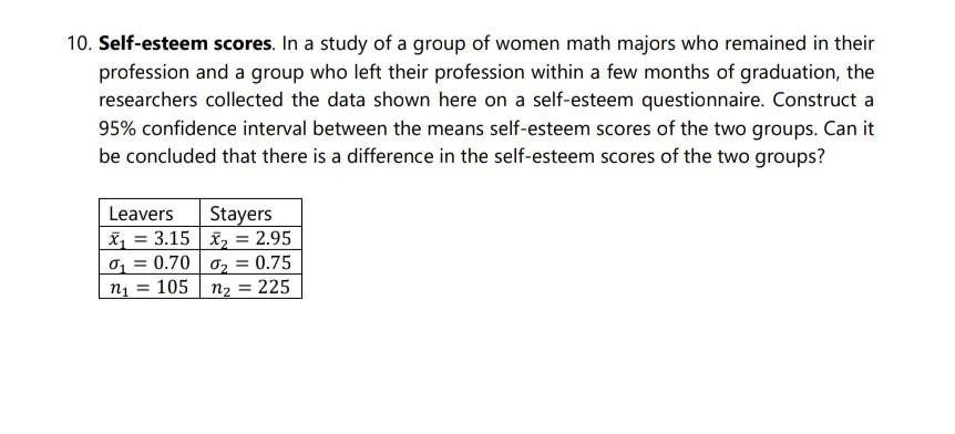 10 Self Esteem Scores In A Study Of A Group Of Women Math Majors Who Remained In Their Profession And A Group Who Left 1