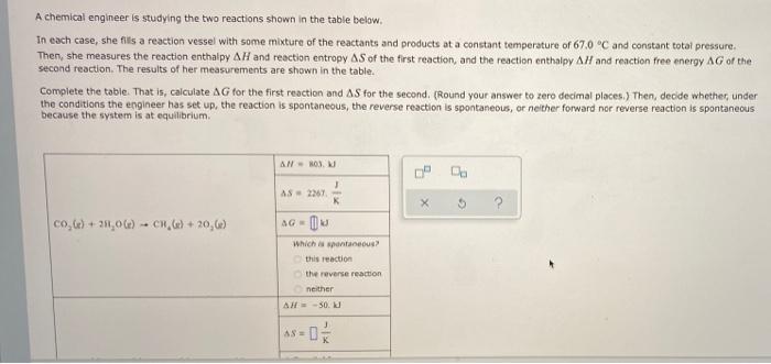 A Chemical Engineer Is Studying The Two Reactions Shown In The Table Below In Each Case She Fils A Reaction Vessel Wit 1