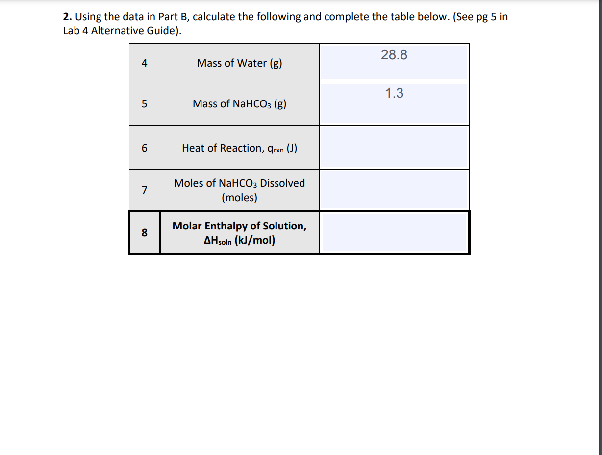 2 Using The Data In Part B Calculate The Following And Complete The Table Below See Pg 5 In Lab 4 Alternative Guide 1