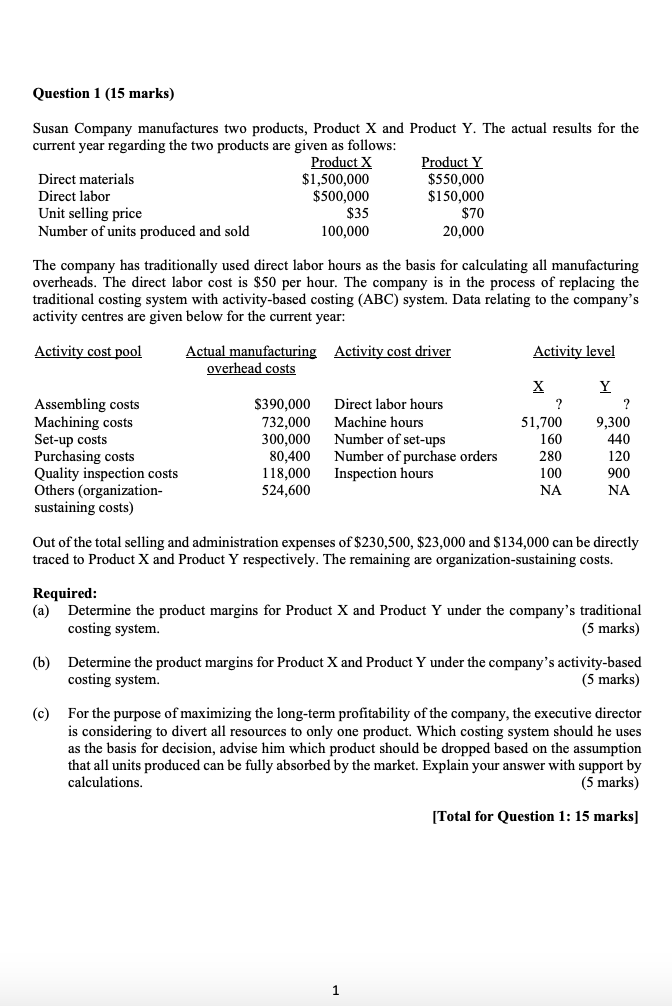 Question 1 15 Marks Susan Company Manufactures Two Products Product X And Product Y The Actual Results For The Curre 1