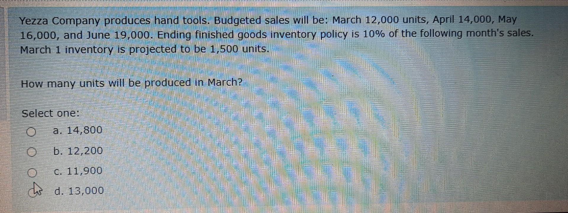 Yezza Company Produces Hand Tools Budgeted Sales Will Be March 12 000 Units April 14 000 May 16 000 And June 19 000 1