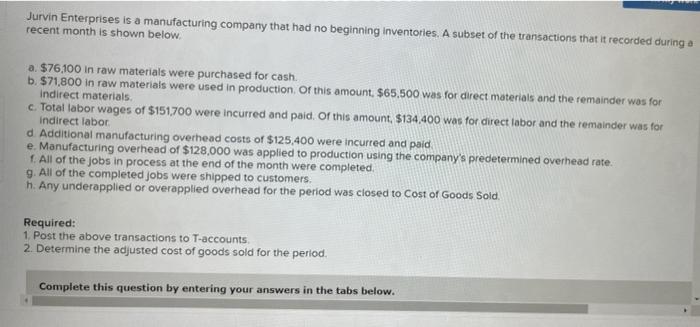 Jurvin Enterprises Is A Manufacturing Company That Had No Beginning Inventories A Subset Of The Transactions That It Re 1