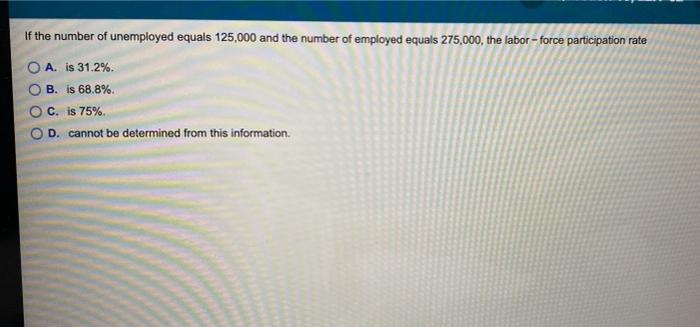 If The Number Of Unemployed Equals 125 000 And The Number Of Employed Equals 275 000 The Labor Force Participation Ra 1