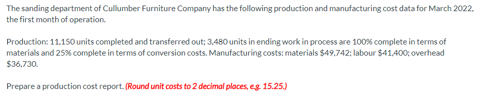 The Sanding Department Of Cullumber Furniture Company Has The Following Production And Manufacturing Cost Data For March 1