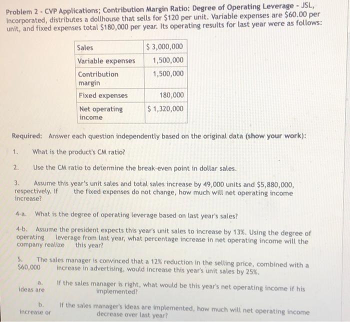 Problem 2 cvp applications contribution margin ratio degree of