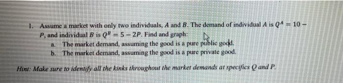 1 Assume A Market With Only Two Individuals A And B The Demand Of Individual A Is Q 10 P And Individual B Is Q 1