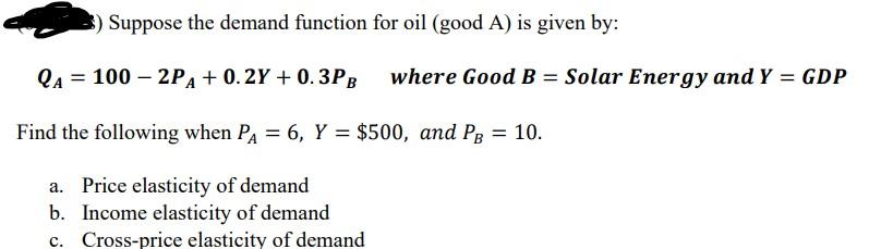 Suppose The Demand Function For Oil Good A Is Given By Qa 100 2pa 0 2y 0 3p3 Where Good B Solar Energy And Y 1