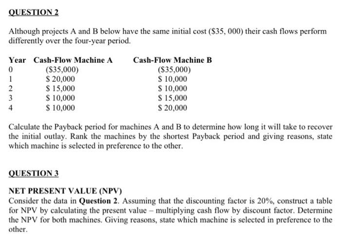 Question 2 Although Projects A And B Below Have The Same Initial Cost 35 000 Their Cash Flows Perform Differently Ov 1