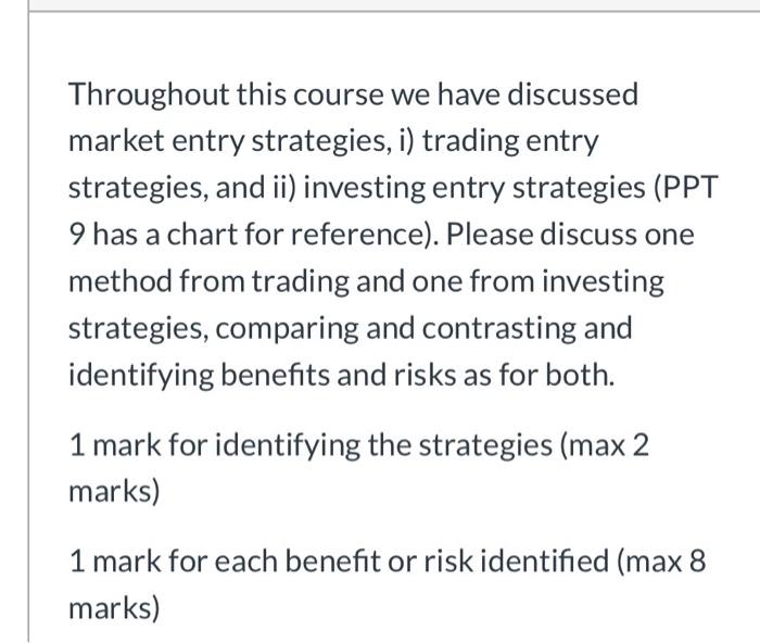 Throughout This Course We Have Discussed Market Entry Strategies I Trading Entry Strategies And Ii Investing Entry S 1