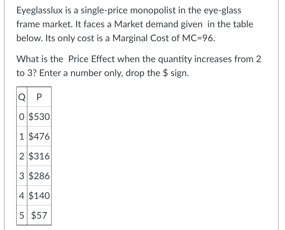 Eyeglasslux Is A Single Price Monopolist In The Eye Glass Frame Market It Faces A Market Demand Given In The Table Belo 1