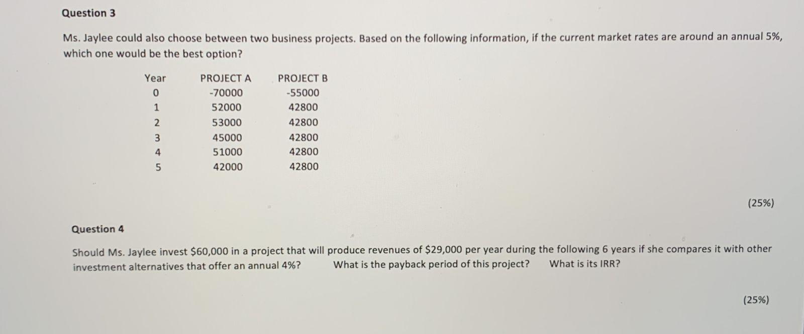 Question 3 Ms Jaylee Could Also Choose Between Two Business Projects Based On The Following Information If The Curren 1