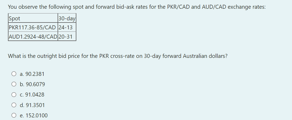 You Observe The Following Spot And Forward Bid Ask Rates For The Pkr Cad And Aud Cad Exchange Rates Spot 30 Day Pkr117 1