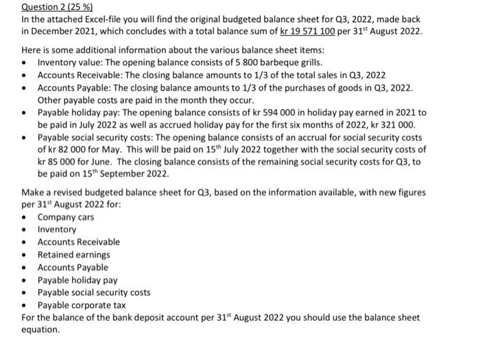 Question 2 25 In The Attached Excel File You Will Find The Original Budgeted Balance Sheet For Q3 2022 Made Back In 1