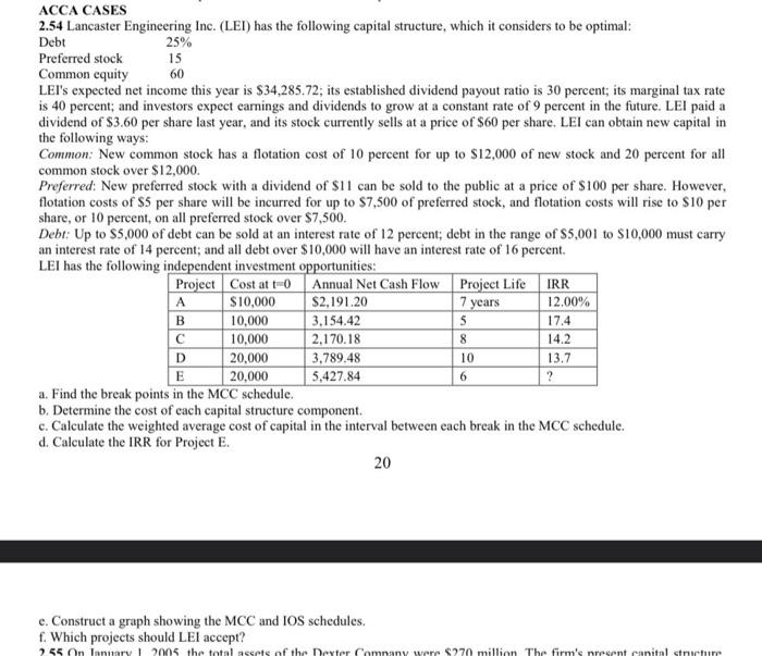 Acca Cases 2 54 Lancaster Engineering Inc Lei Has The Following Capital Structure Which It Considers To Be Optimal 1