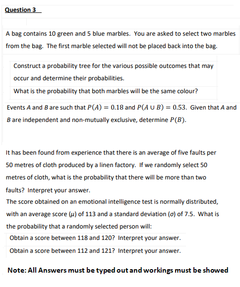 Question 3 A Bag Contains 10 Green And 5 Blue Marbles You Are Asked To Select Two Marbles From The Bag The First Marbl 1