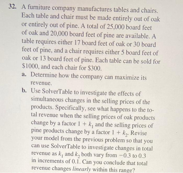 32 A Furniture Company Manufactures Tables And Chairs Each Table And Chair Must Be Made Entirely Out Of Oak Or Entirel 1