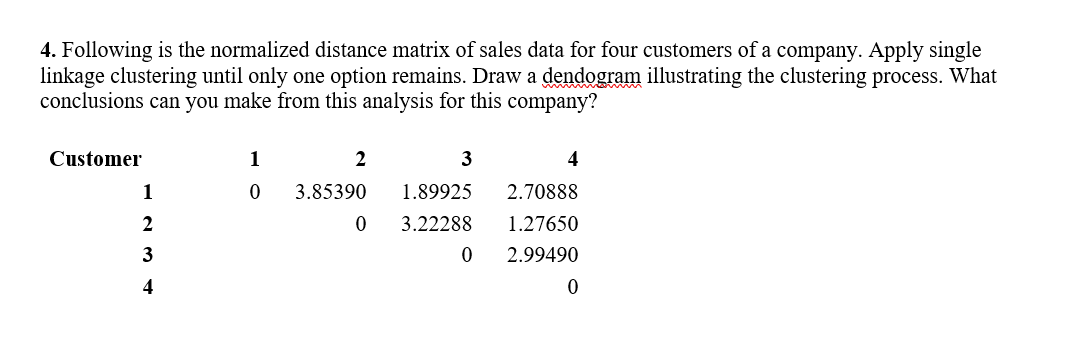 4 Following Is The Normalized Distance Matrix Of Sales Data For Four Customers Of A Company Apply Single Linkage Clust 1