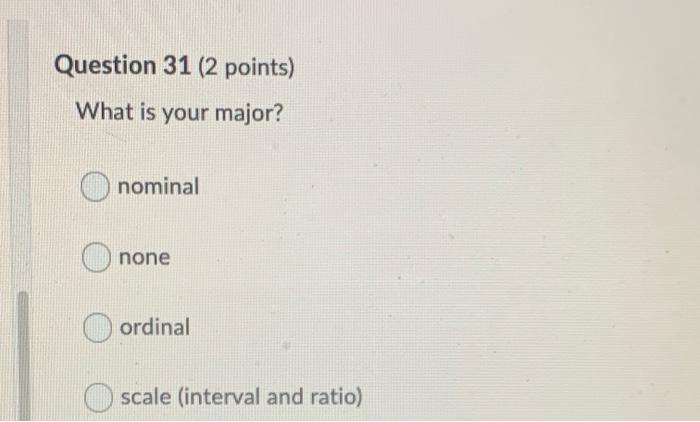 Question 31 2 Points What Is Your Major Nominal None Ordinal Scale Interval And Ratio Question 32 2 Points How 1