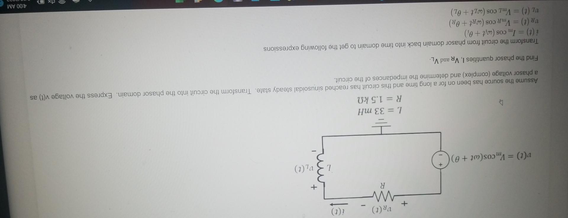 V 1 V W 27224 Rad Sec 9 53 Deg Find Vmr V Vrt I T W R Ruu Vl T V T Vmcos Wt B 5 L 33 Mh R 1 2