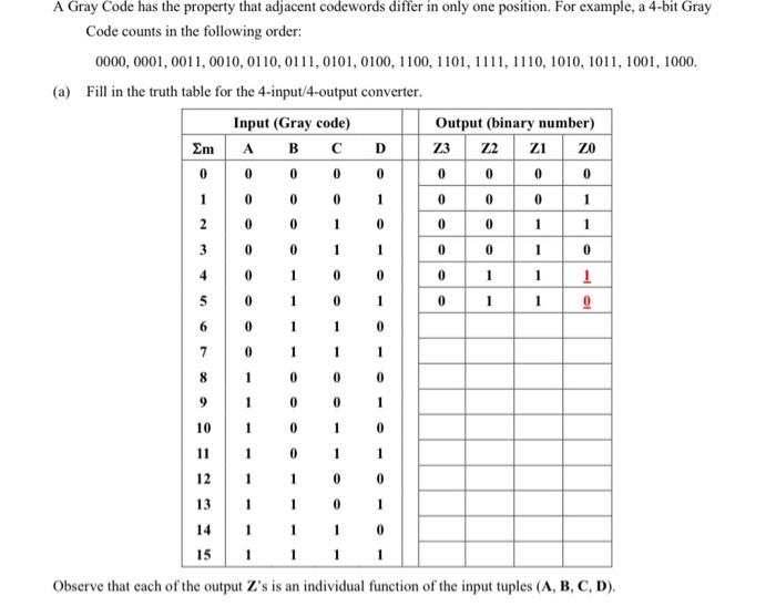 B D A Gray Code Has The Property That Adjacent Codewords Differ In Only One Position For Example A 4 Bit Gray Code Cou 1