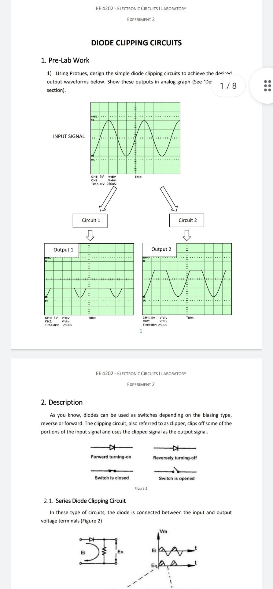 Ee 4202 Electronic Circuits I Laboratory Experiment 2 Diode Clipping Circuits 1 Pre Lab Work 1 Using Protues Design 1