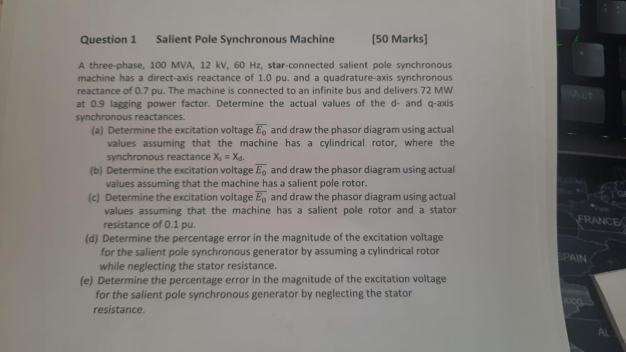 Question 1 Salient Pole Synchronous Machine 50 Marks A Three Phase 100 Mva 12 Kv 60 Hz Star Connected Salient Pole 1