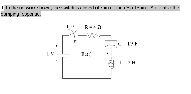 1 In The Network Shown The Switch Is Closed At T 0 Find I T At T 0 State Also The Damping Response T 0 R 4 1