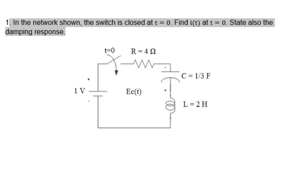 1 In The Network Shown The Switch Is Closed At T 0 Find I T At T 0 State Also The Damping Response T 0 R 422 1