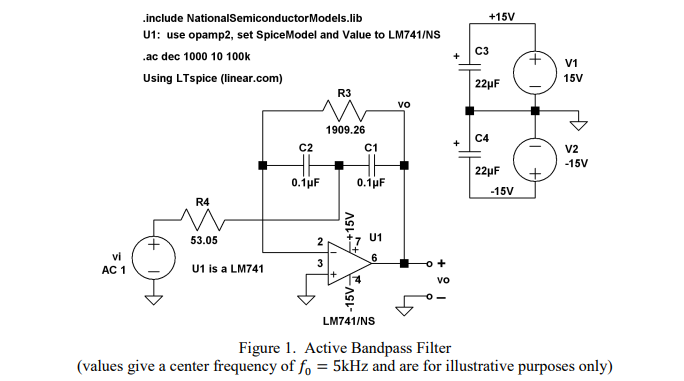 15v Include National Semiconductor Models Lib U1 Use Opamp2 Set Spicemodel And Value To Lm741 Ns Ac Dec 1000 10 100k 1