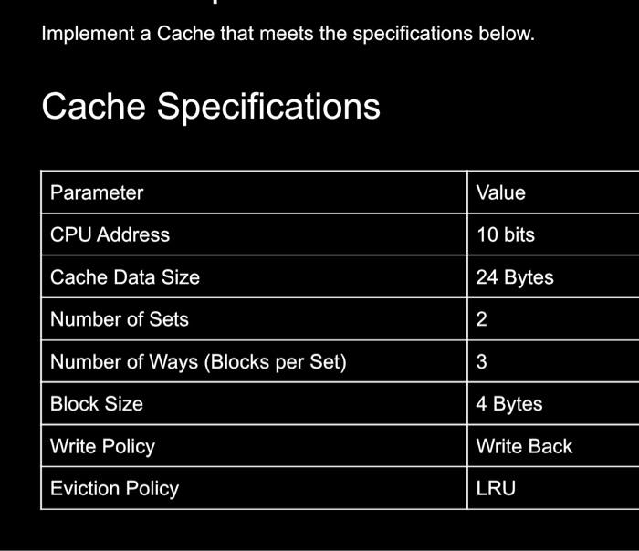 Implement A Cache That Meets The Specifications Below Cache Specifications Parameter Value Cpu Address 10 Bits Cache Da 2