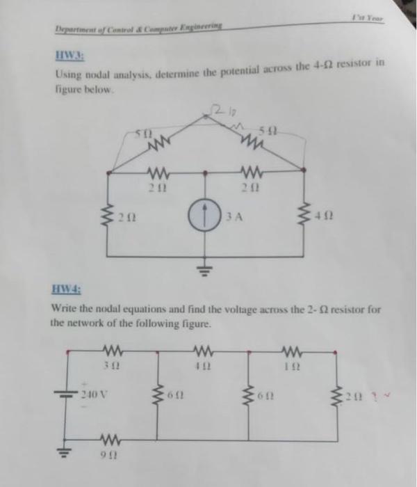 I Y Department Of Control Computer Engineering Tw Using Todal Analysis Determine The Potential Across The 4 12 Resistor 1