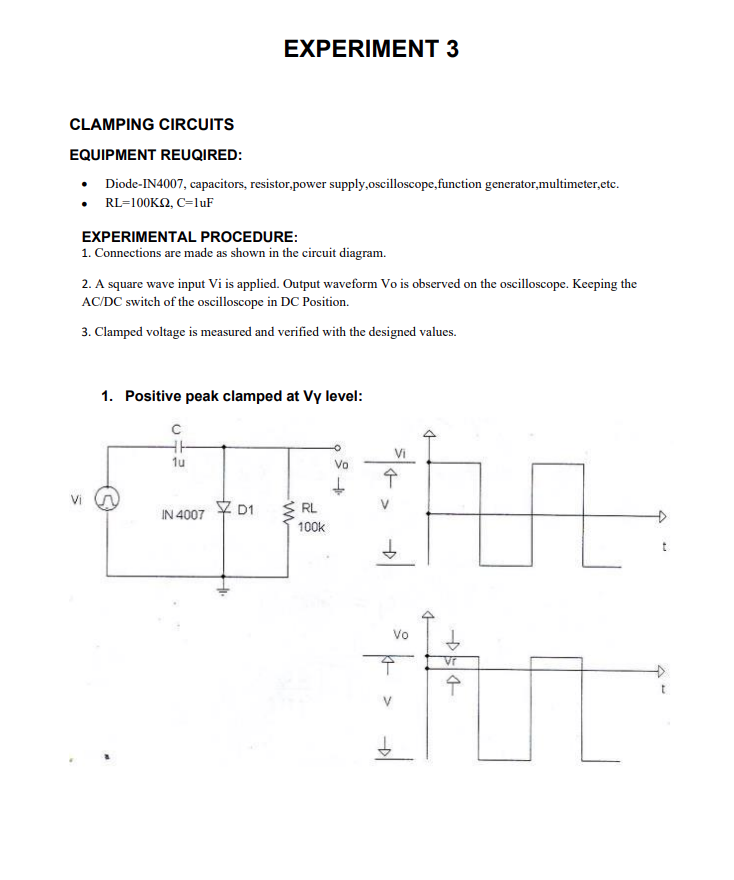 Experiment 3 Clamping Circuits Equipment Reuqired Diode In4007 Capacitors Resistor Power Supply Oscilloscope Function 1