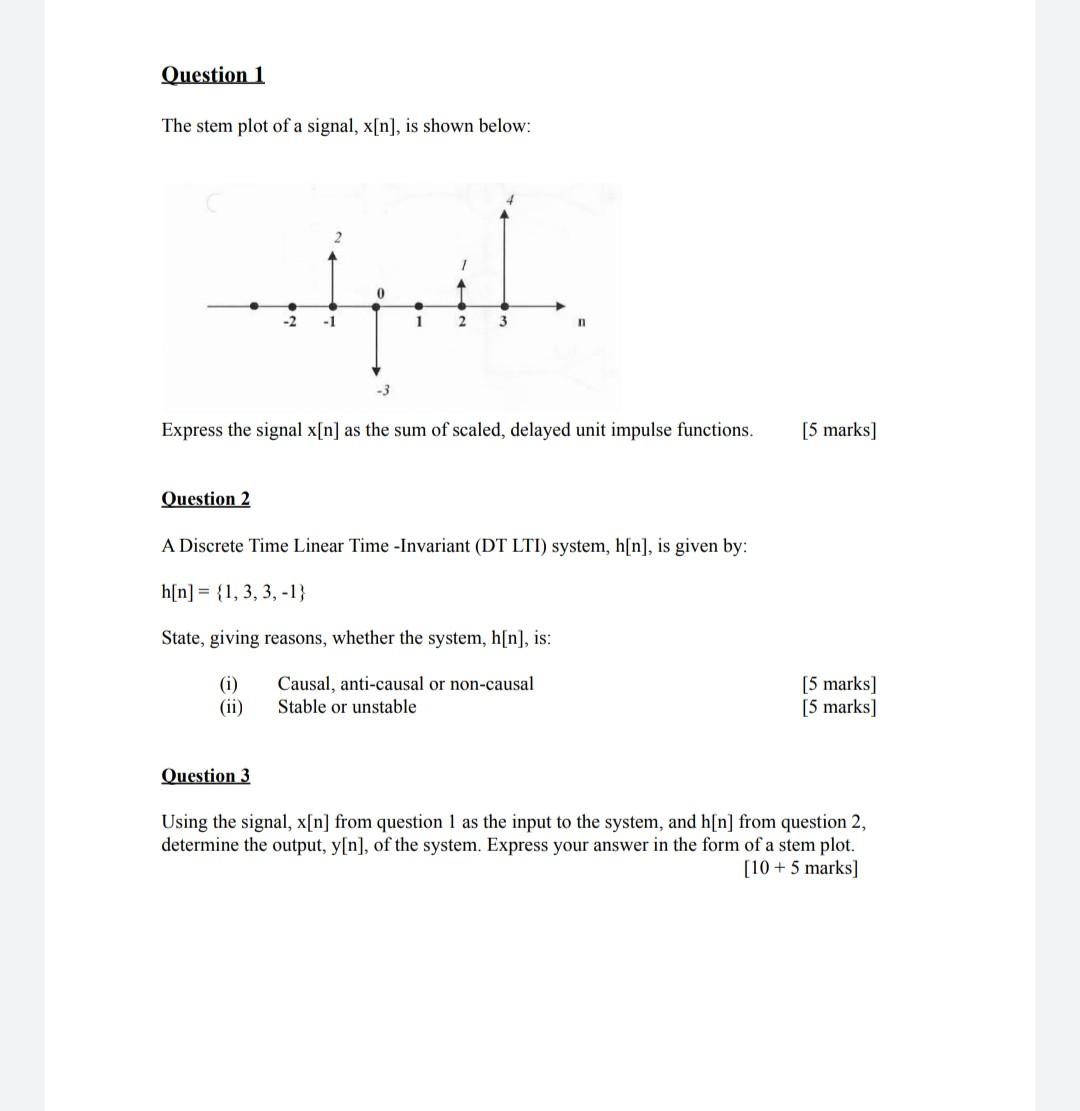 Question 1 The Stem Plot Of A Signal X N Is Shown Below 0 1 2 3 Express The Signal X N As The Sum Of Scaled Delaye 1