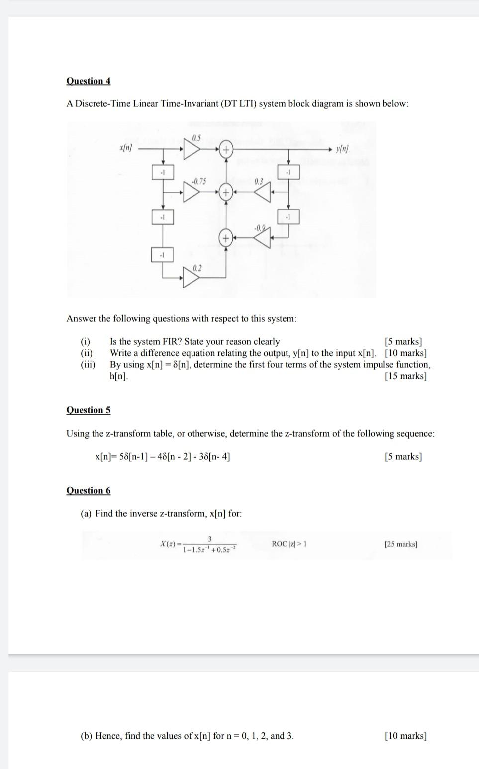 Question 4 A Discrete Time Linear Time Invariant Dt Lti System Block Diagram Is Shown Below 0 5 X N Y N 1 0 75 1