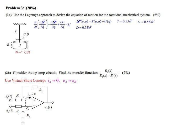 Problem 3 20 3a Use The Lagrange Approach To Derive The Equation Of Motion For The Rotational Mechanical System 1