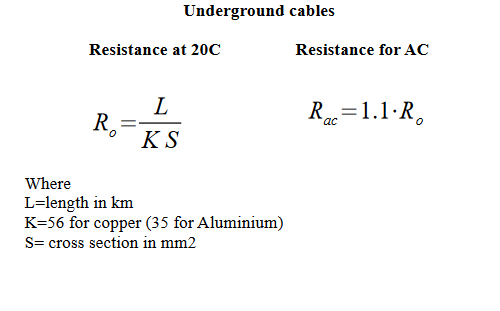 Underground Cables Resistance At 20c Resistance For Ac R L Ks Rac 1 1 R Where L Length In Km K 56 For Copper 35 For Alu 1