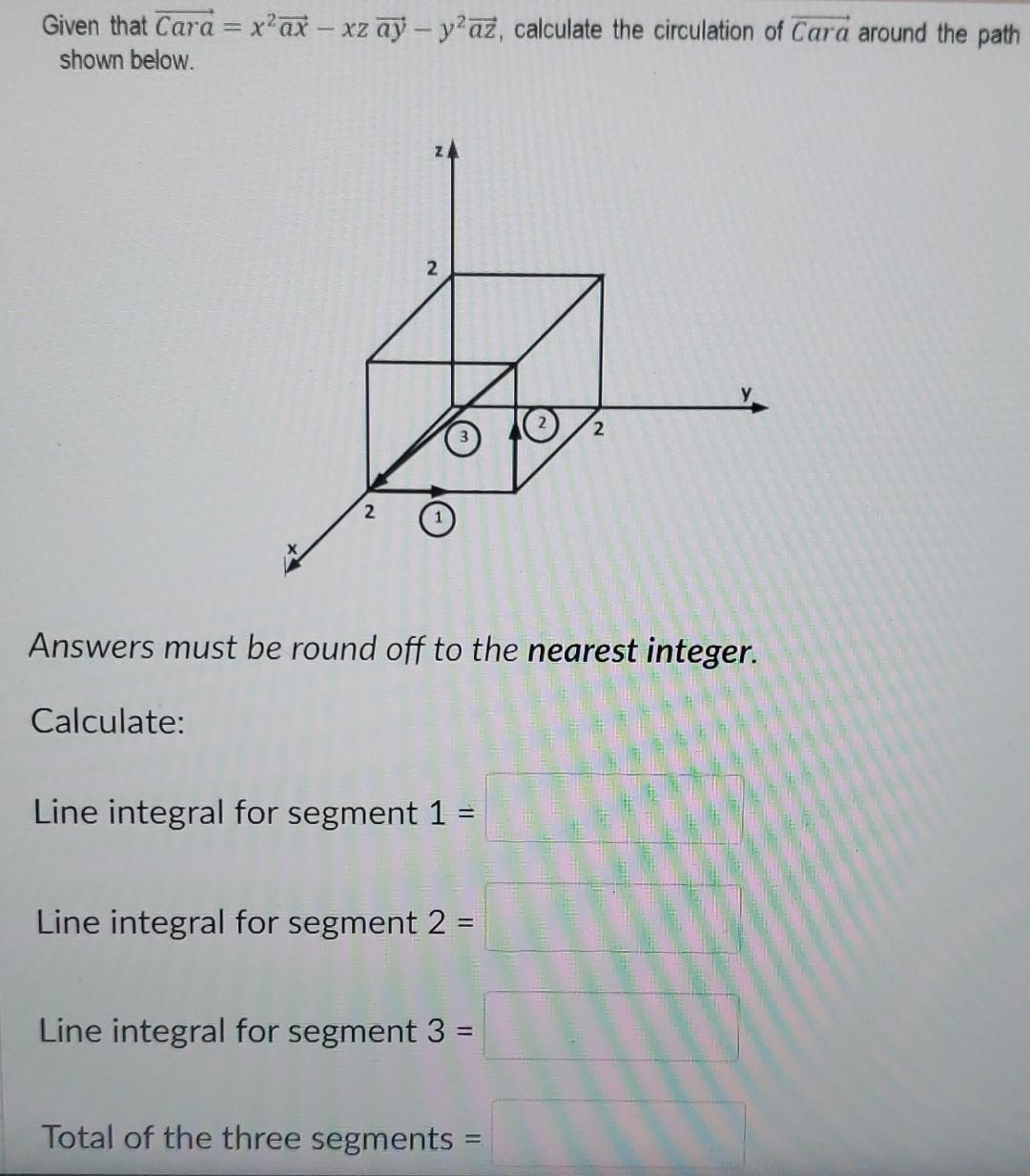 Given That Cara X Ax Xz Ay Y Az Calculate The Circulation Of Cara Around The Path Shown Below 2 2 Answers Must B 1