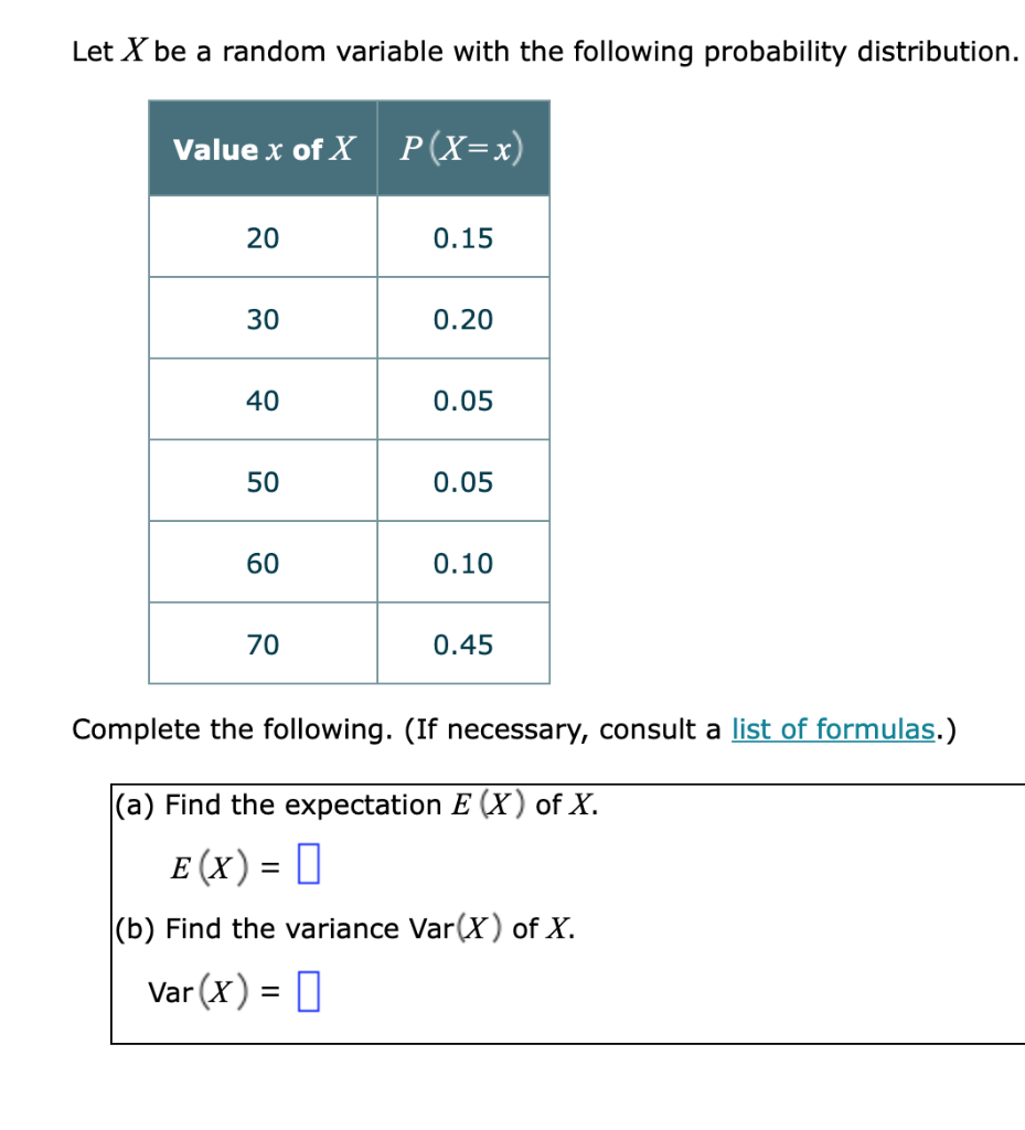 Let X Be A Random Variable With The Following Probability Distribution Value X Of X P X X 20 0 15 30 0 20 40 0 05 50 0 1