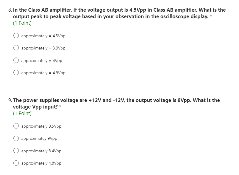 8 In The Class Ab Amplifier If The Voltage Output Is 4 5vpp In Class Ab Amplifier What Is The Output Peak To Peak Vol 1
