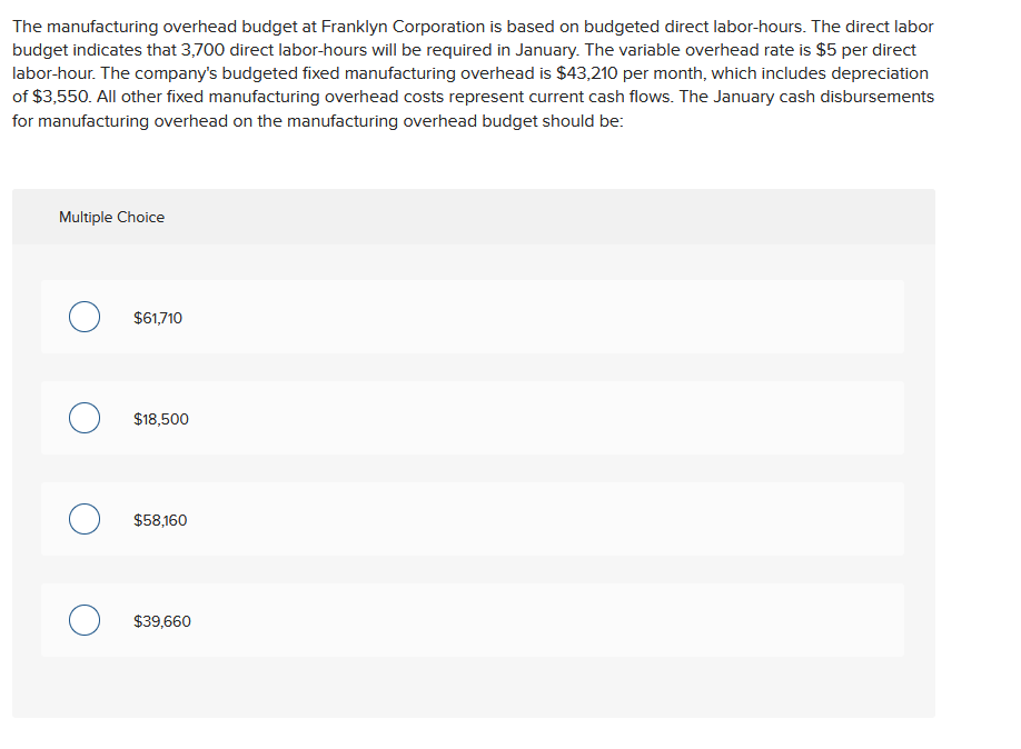 The Manufacturing Overhead Budget At Franklyn Corporation Is Based On Budgeted Direct Labor Hours The Direct Labor Budg 1