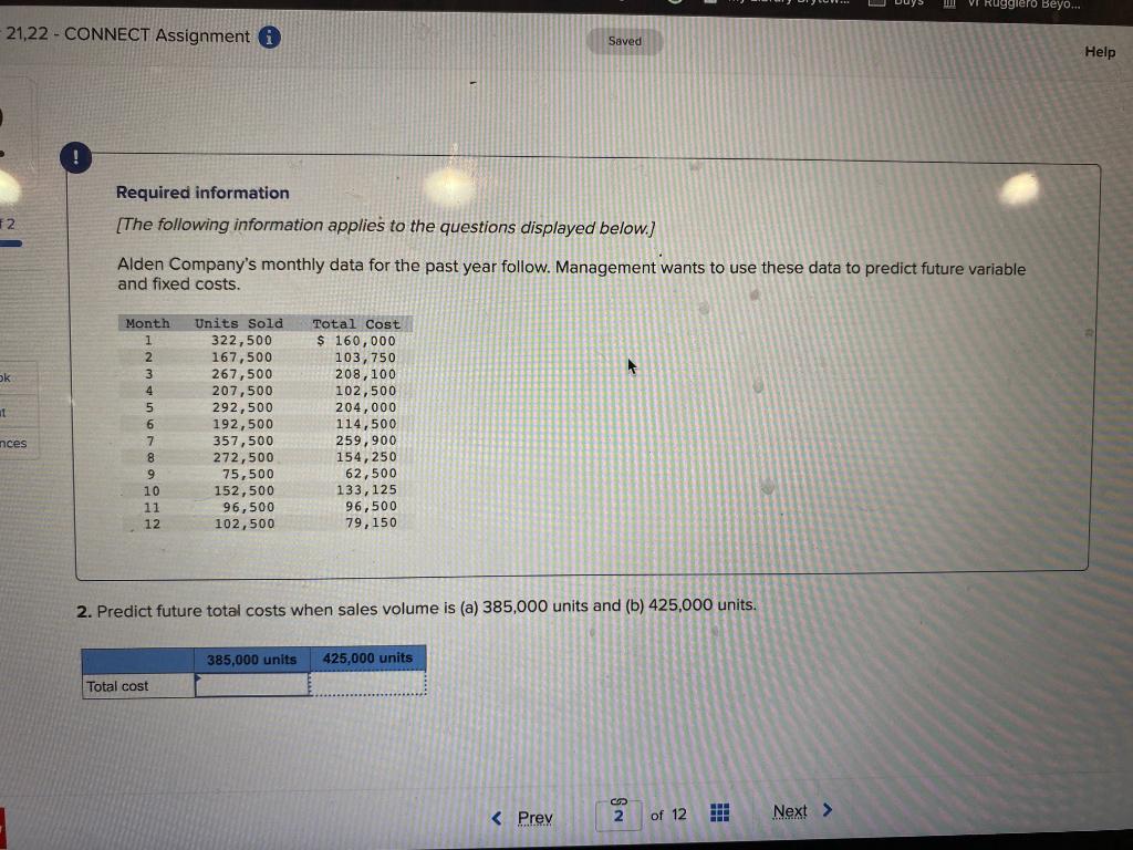 Ruggiero Beyo 21 22 Connect Assignment Saved Help Required Information The Following Information Applies To The 1