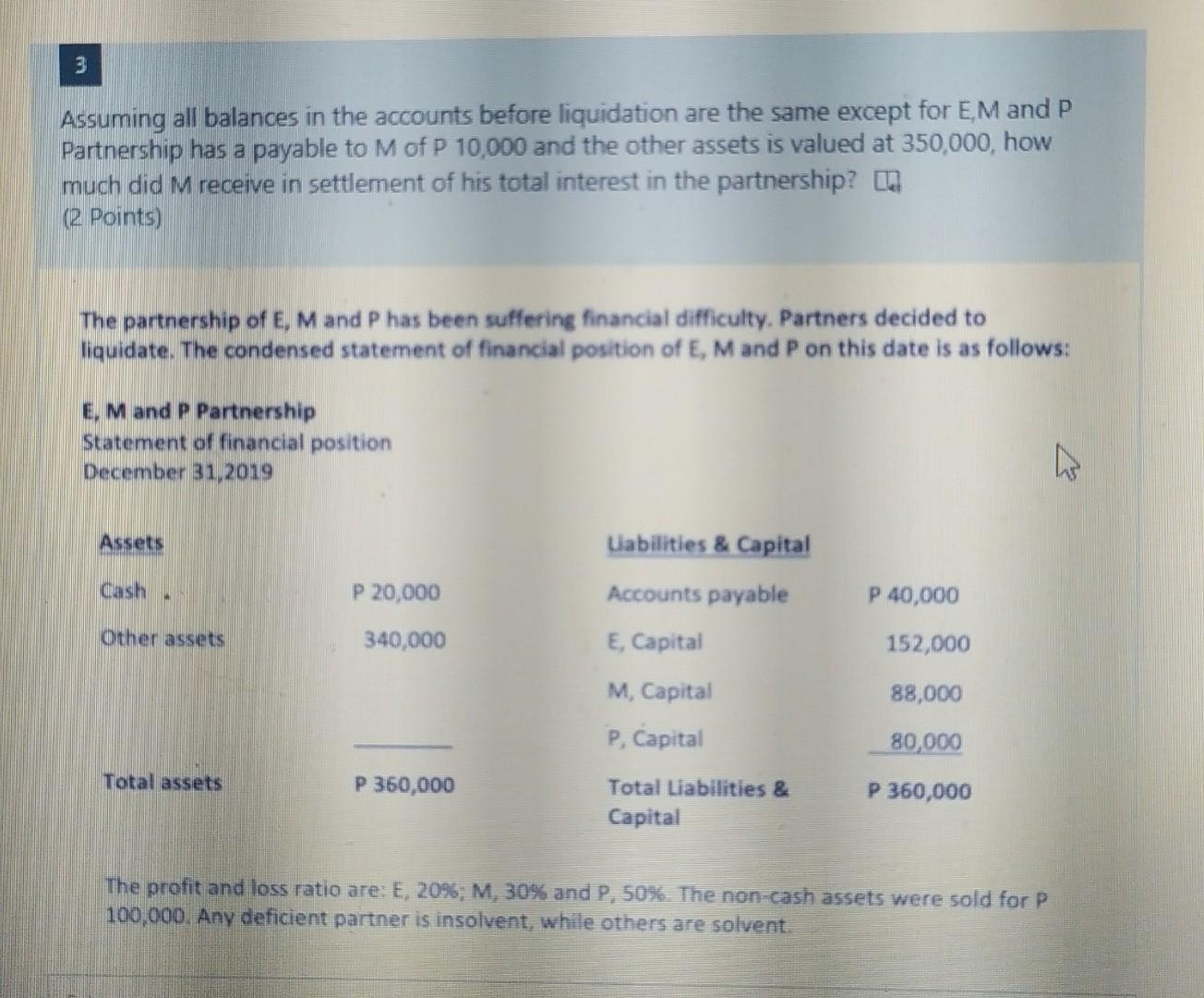 3 Assuming All Balances In The Accounts Before Liquidation Are The Same Except For Em And P Partnership Has A Payable To 1
