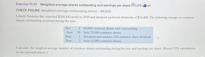 Exercise 13 10 Weighted Average Shares Outstanding And Earnings Per Share 103 Xcel Check Figure Weighted Average Outsta 1
