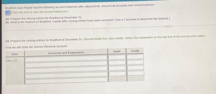 Bradford Auto Repair Had The Following Account Balances After Adjustments Assume Al Accounts Had Normal Balances Click 1