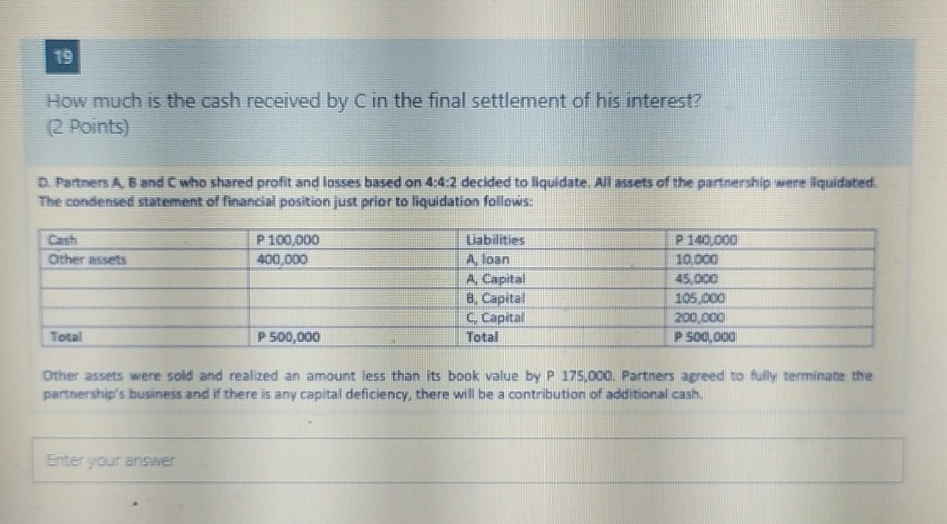 How Much Is The Cash Received By C In The Final Settlement Of His Interest 2 Points D Partners A B And C Who Shared P 1