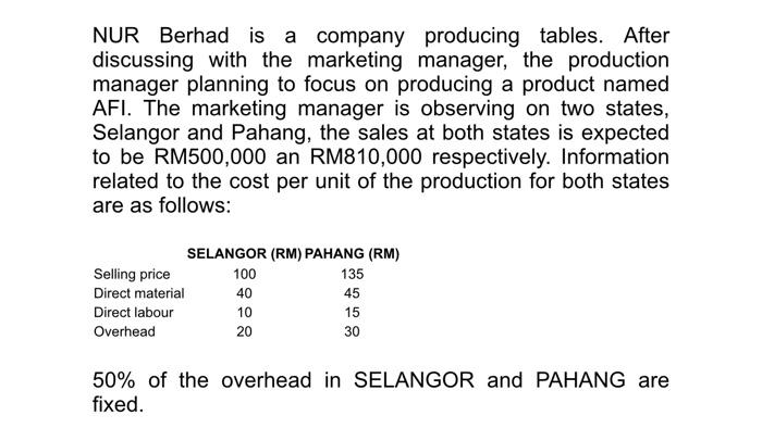 Nur Berhad Is A Company Producing Tables After Discussing With The Marketing Manager The Production Manager Planning T 1